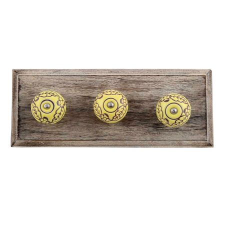 Yellow Brown Leaf Flower Etched Ceramic Wooden Hooks